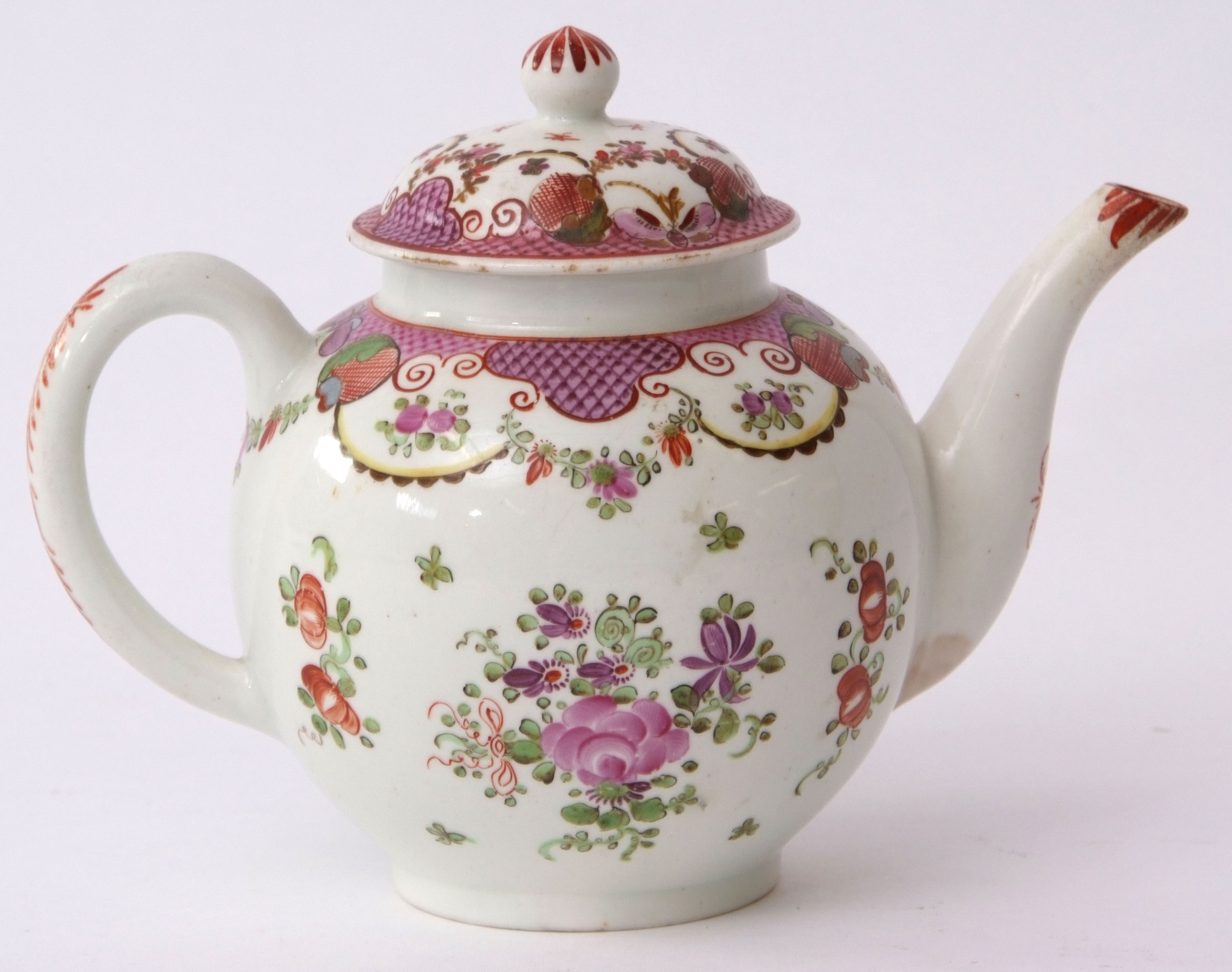 Lowestoft porcelain tea pot and cover circa 1780, decorated in polychrome with a Curtis type design, - Image 3 of 4