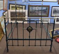 Late Victorian renovated brass and iron single bedstead now painted in green with brass top rails,