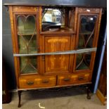 Art Nouveau mahogany and marquetry inlaid display cabinet, a sunken centre with mirror and door