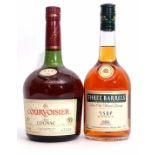 Courvoisier 3-star luxe Cognac, 1ltr, 40% vol and Three Barrels Rare Old French brandy, VSOP, 5