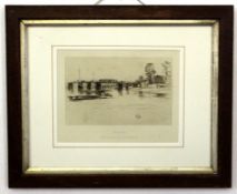 After J A McNeil Whistler, black and white etching, circa 1900, "Chelsea Bridge", 13 x 20cm