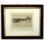 After J A McNeil Whistler, black and white etching, circa 1900, "Chelsea Bridge", 13 x 20cm