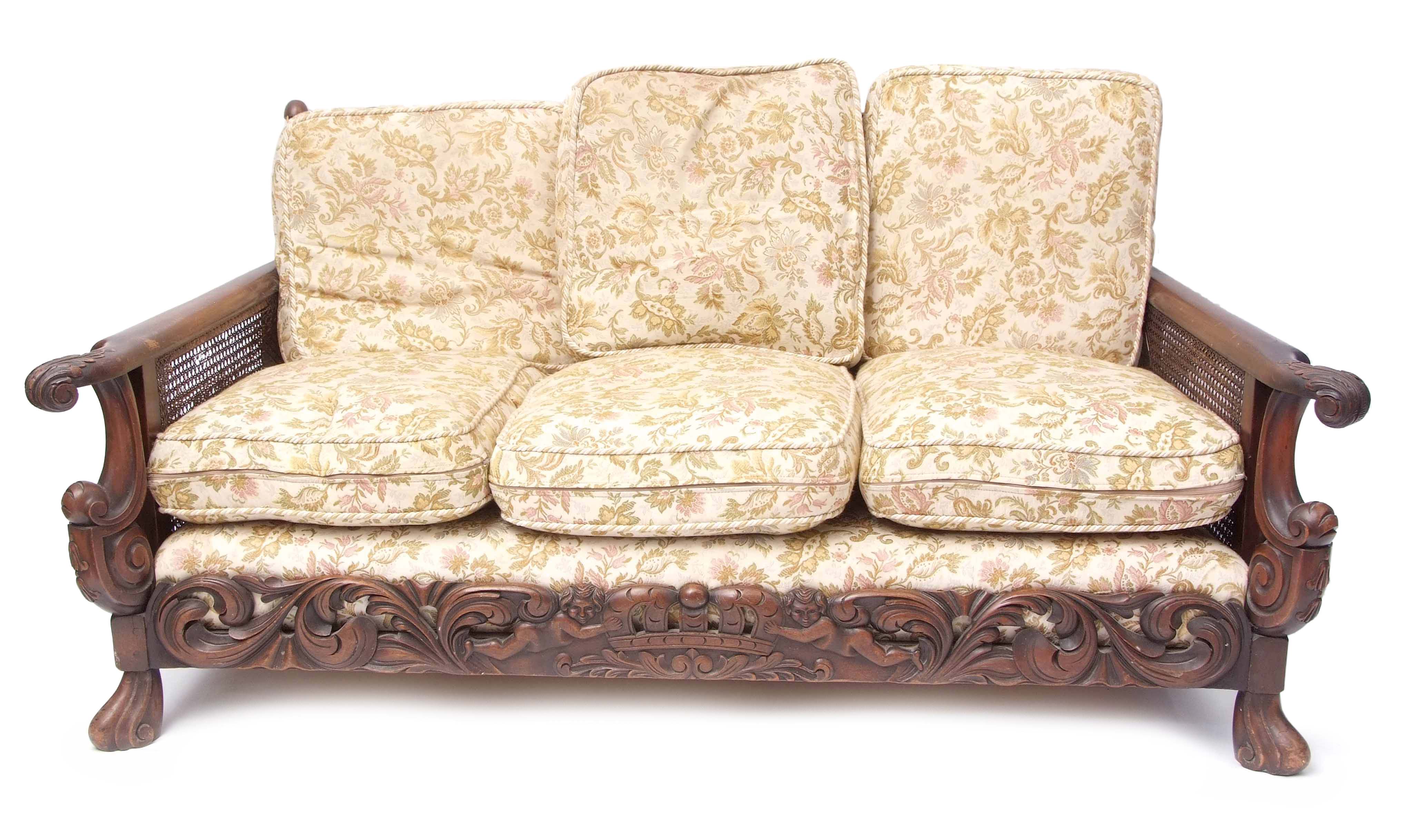 Late Victorian mahogany Bergere suite comprising a three-seater sofa and two matching easy chairs, - Image 2 of 2
