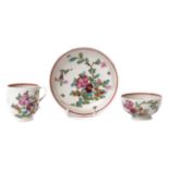 Lowestoft porcelain trio circa 1780, decorated in polychrome with Thomas Rose pattern