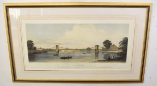 After Letitia Byrne, "View of the Suspension Bridge across the Thames", hand coloured engraving,