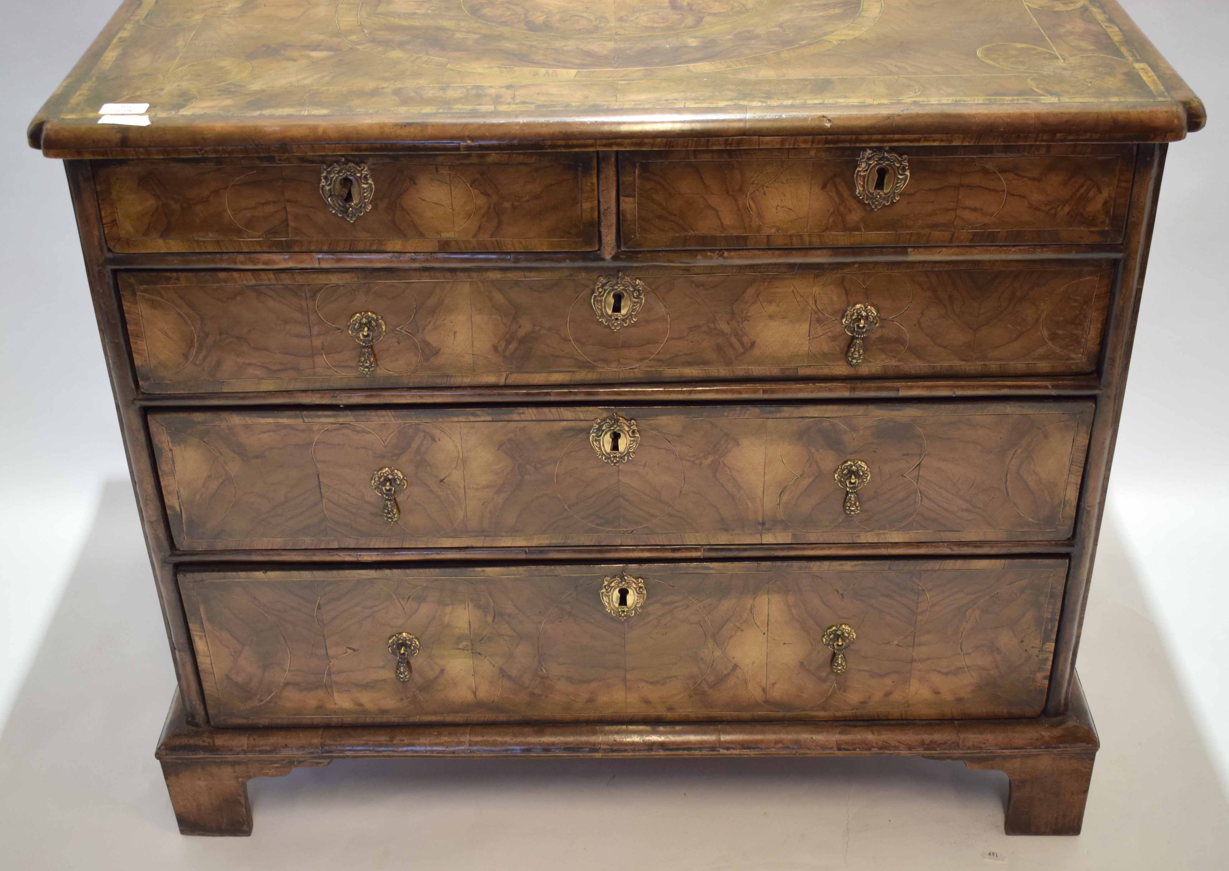 Early 18th century walnut oyster veneered chest of two short and three full width graduated - Image 3 of 3