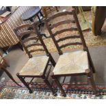 Set of six Lancashire style oak ladder back dining chairs with cord seats, turned legs and