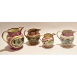 Collection of four Sunderland lustre jugs, various sizes, all with typical inscriptions involving