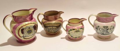 Collection of four Sunderland lustre jugs, various sizes, all with typical inscriptions involving