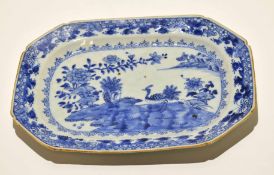 18th century Chinese rectangular dish in blue and white with a design of pheasants