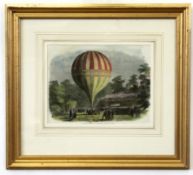 Antique hand coloured book plate "Balloon ascent at Vauxhall Gardens 1849", 16 x 21cm