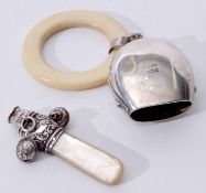 Mixed Lot: comprising George V silver and ivory child's teething ring mounted with cow bell type