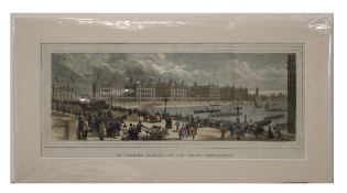 19th century hand coloured engraving, "St Thomas's Hospital on the Albert Embankment", 19 x 53cm,