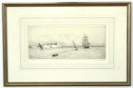 William Lionel Wyllie, signed in pencil to margin, black and white etching, "Rounding the headland",