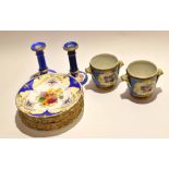 Pair of Sevres style vases, together with a pair of 19th century English porcelain candlesticks, one