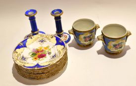 Pair of Sevres style vases, together with a pair of 19th century English porcelain candlesticks, one