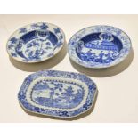 Two 18th century Chinese blue and white bowls together with a rectangular dish