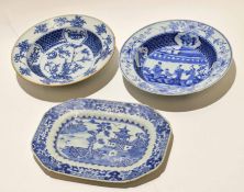 Two 18th century Chinese blue and white bowls together with a rectangular dish