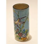 French pottery vase, of cylindrical form, decorated in enamels