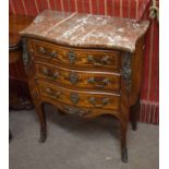 European kingwood marble topped small side chest of serpentine form, fitted with three inlaid