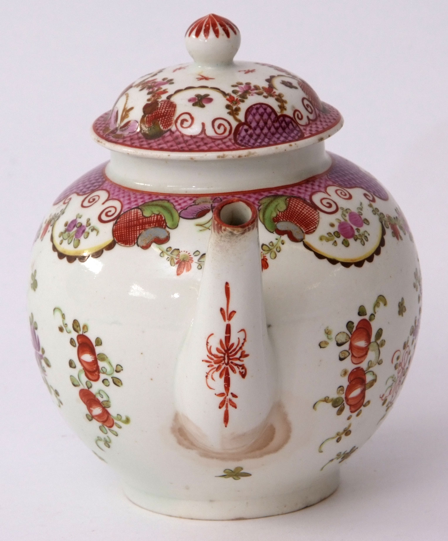 Lowestoft porcelain tea pot and cover circa 1780, decorated in polychrome with a Curtis type design, - Image 2 of 4