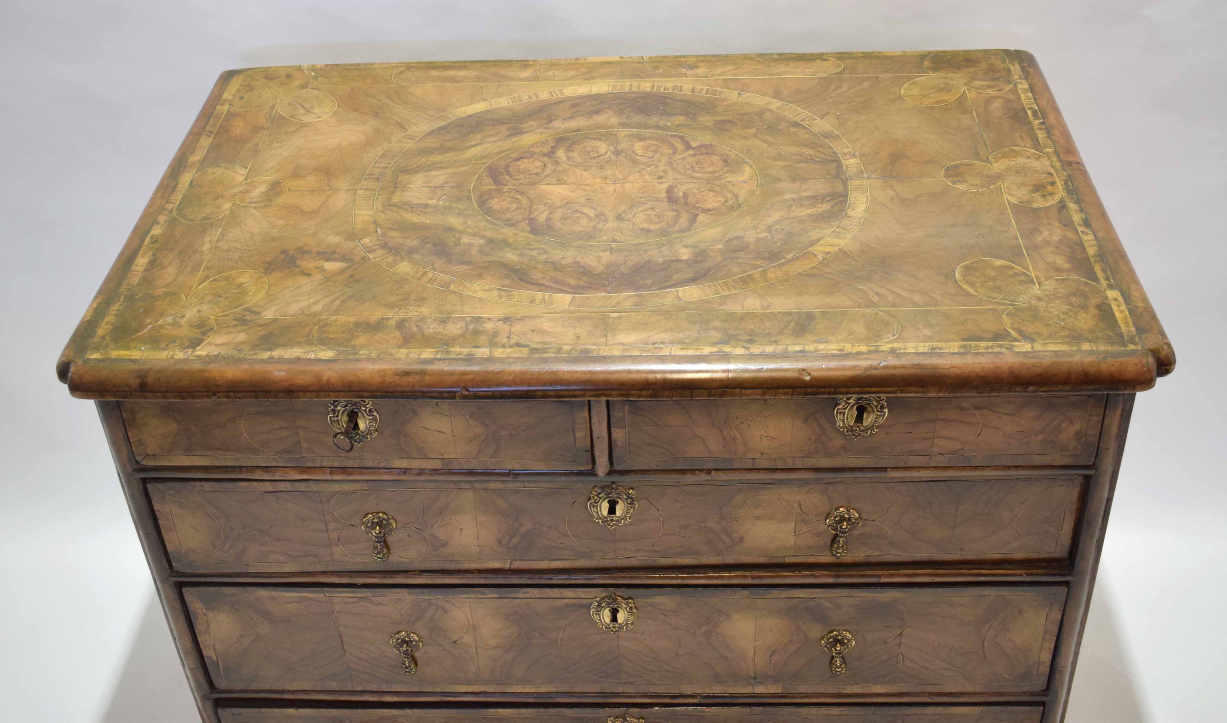 Early 18th century walnut oyster veneered chest of two short and three full width graduated - Image 2 of 3