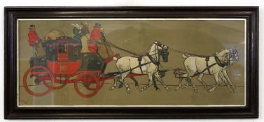 After Cecil Aldin, chromolithograph, London to Glasgow mail coach, 38 x 99cm