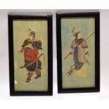 Two Chinese or Japanese watercolours of a warrior and a lady in black wooden frames, watercolour