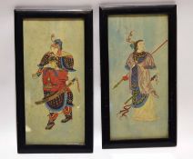 Two Chinese or Japanese watercolours of a warrior and a lady in black wooden frames, watercolour