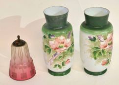 Pair of glass vases with polychrome decoration of flowers, together with a cranberry glass shade