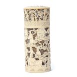 19th century Oriental ivory reticulated cricket box of cylindrical form carved with Oriental figures