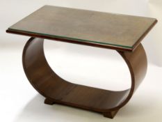 Art Deco 1930s hoop shaped walnut veneered side table with removable glass top, 75cm wide