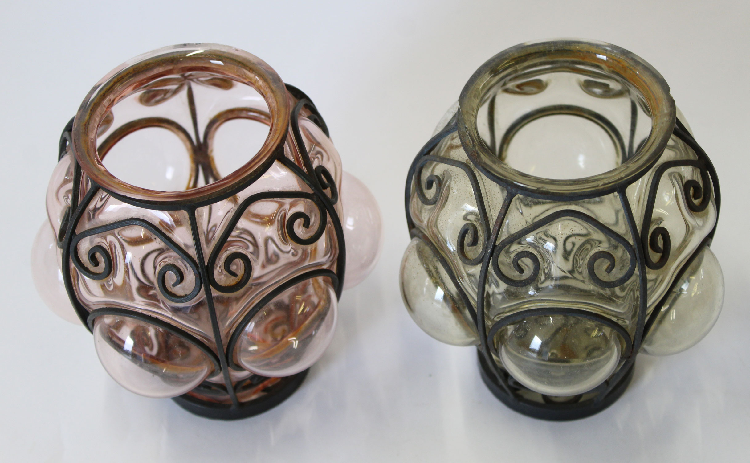 Pair of glass vases with a bubble design within shaped metal holders, 17cm high - Image 2 of 2