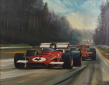 AR Dion Pears (1929-1985) "Jackie Ickx, Ferrari, Belgian Grand Prix, 1991" oil on canvas, signed