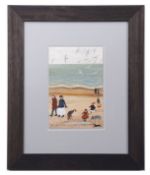 AR Dee Nickerson (born 1957) Beach scene with figures and dogs acrylic on board, signed and dated