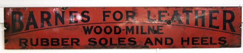 Vintage enamel sign by Barnes for Leather, Wood Milne, Rubber Soles and Heels, 35 x 195cm