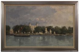 Roy Perry, RI (1935-1993) "The Sailing Barge Ethel May (passing Tower of London)" oil on board,