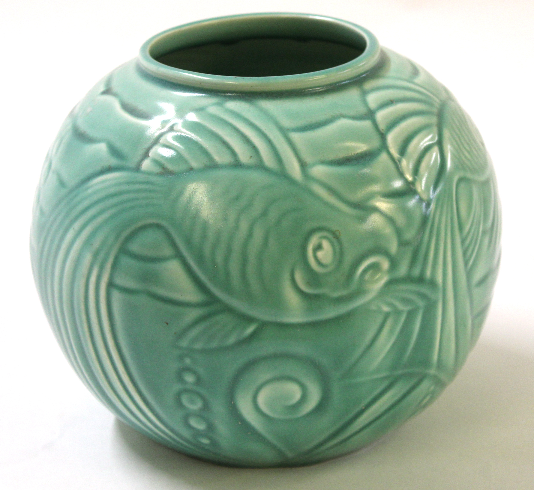 Art Deco Royal Jade Spode vase decorated with fish, designed by Eric Olsen, circa 1930s, 16cm high