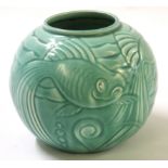 Art Deco Royal Jade Spode vase decorated with fish, designed by Eric Olsen, circa 1930s, 16cm high