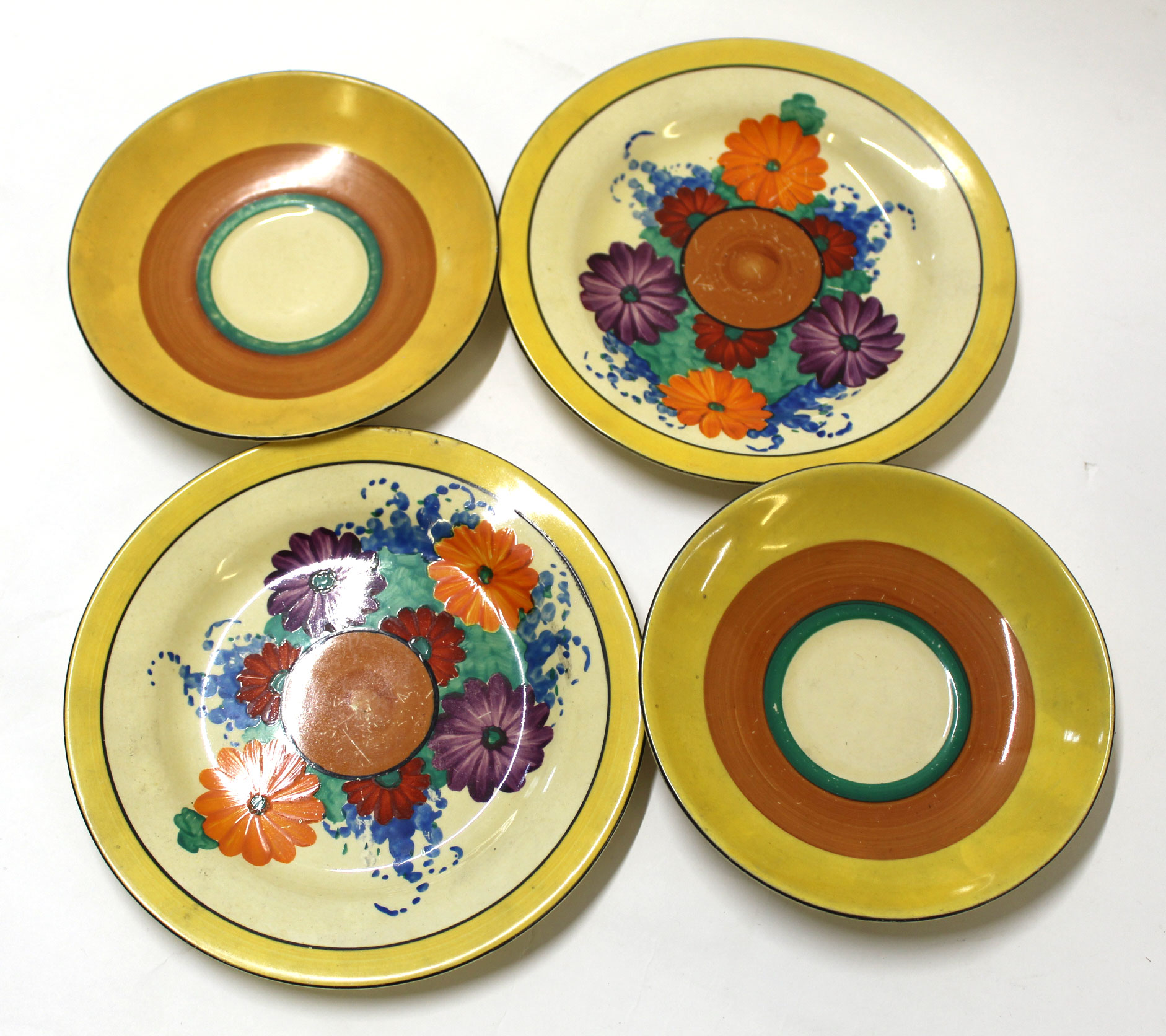 Two Clarice Cliff Gay Day trios, decorated with floral pattern with Bizarre back stamp to base (6) - Image 3 of 4