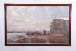 Roy Perry, RI (1935-1993) "Old Wharves, Shadwell" oil on board, signed lower left, 55 x 90cm