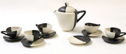 Art Deco style coffee set by Luc Vallauris, decorated in a two-tone black and white design,