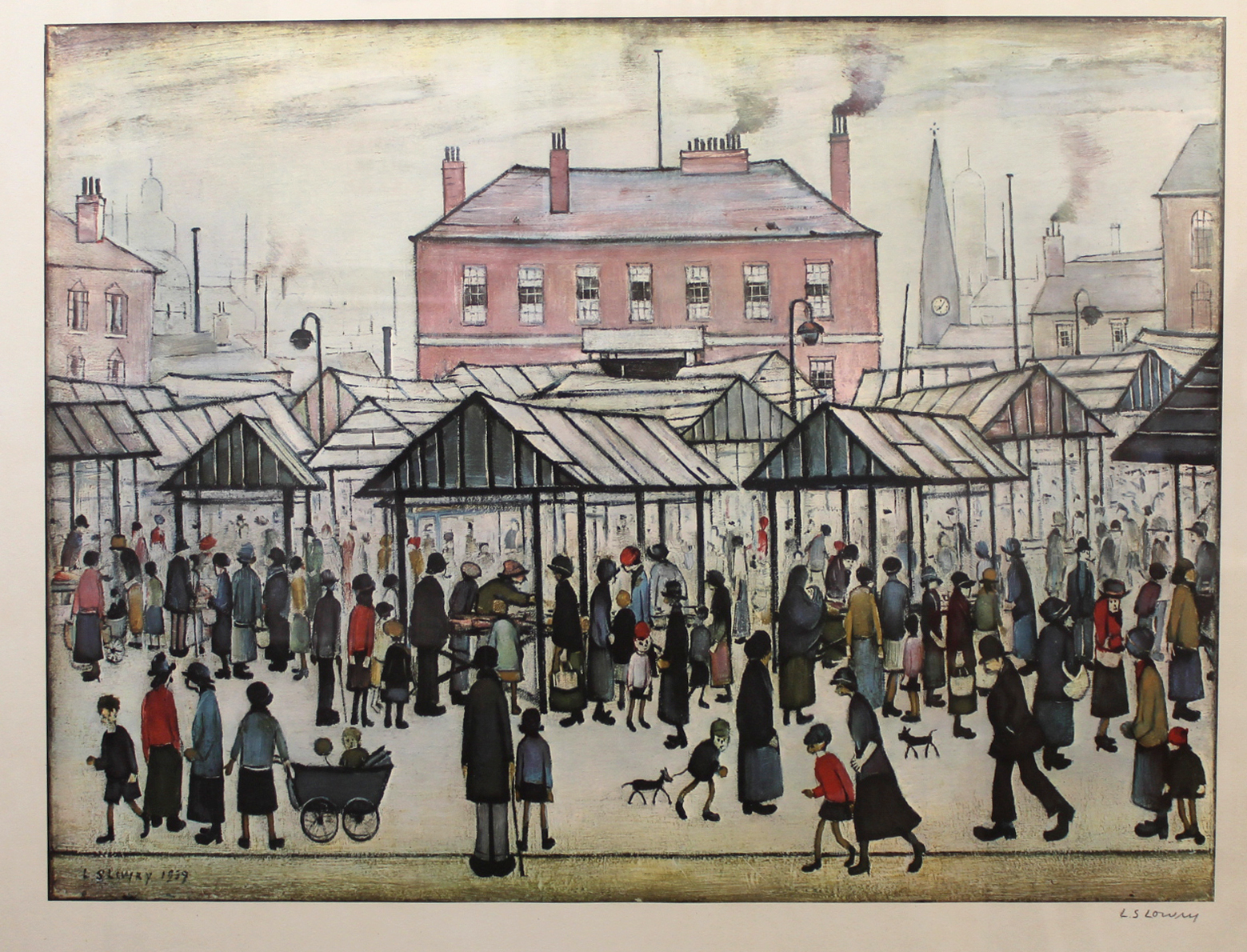 AR Laurence Stephen Lowry, RA (1887-1976) "Market Scene in a Northern Town" coloured print, with