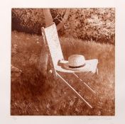 AR David Tindle, RA (born 1932) Straw hat and deckchair sepia etching, signed and numbered 7/50 in