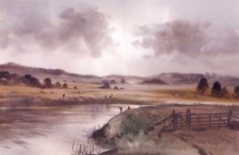 AR Thomas Alfred Liverton (1907-1973) "Fishing on the Rother, near Wittersham" watercolour, signed