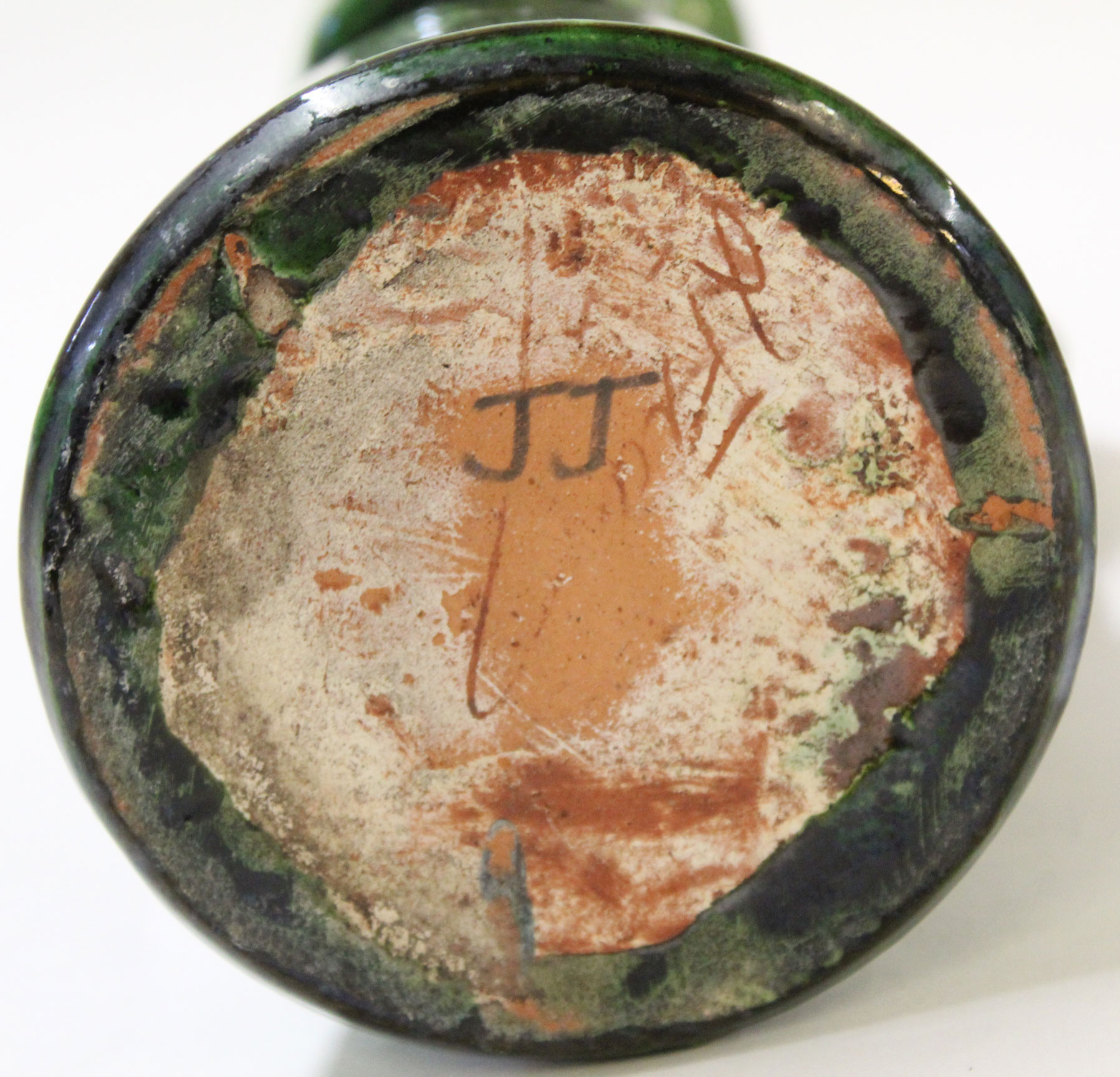 Unusual pottery sculpture of a woman with jar under her arm, green glazed with monogram JJ to - Image 5 of 5