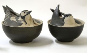Barbara Colls (1914-2003), two bowls and covers, one with a cover modelled as a woodpecker, the