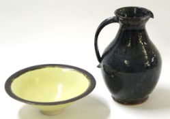 Studio Pottery jug with purple glaze and artist's signature to base, together with a yellow glazed