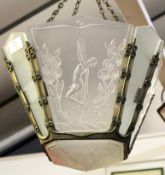 Art Deco hanging lamp with etched panels depicting lady and foliage