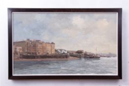 Roy Perry, RI (1935-1993) Thames Wharf oil on board, signed lower right, 54 x 89cm